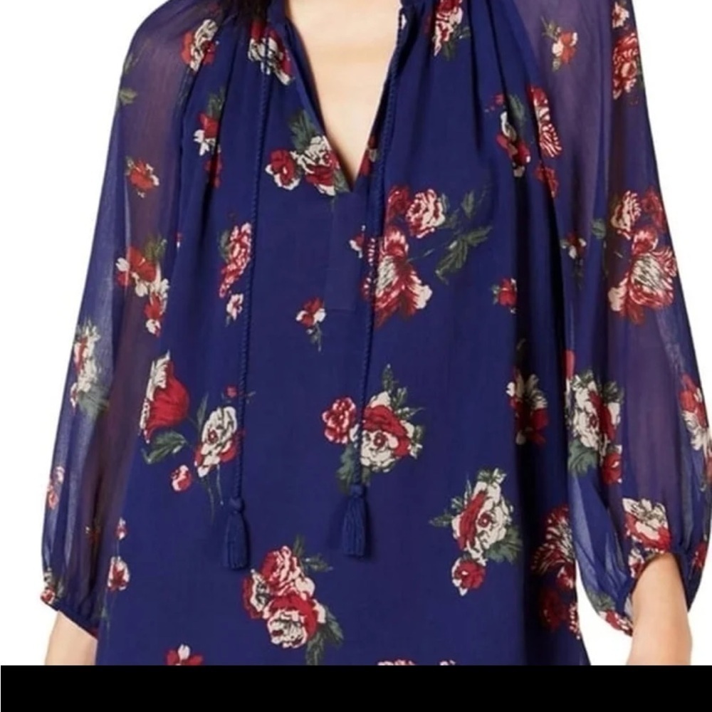 Lucky Brand Blue Chiffon Red Rose Floral Peasant V Neck Boho Blouse Size XS - Picture 10 of 11